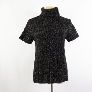 Vintage Black Gold Wool Blend Cableknit Turtleneck Sweater Short Sleeve